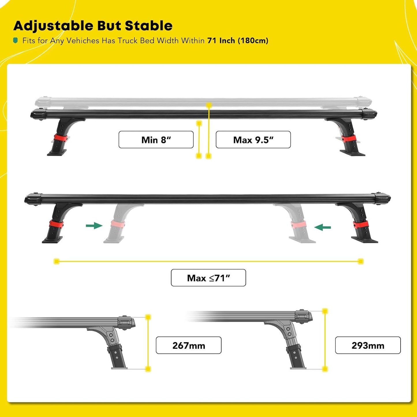 TUYOU Heavy Duty Truck Bed Rack Adjustable Height Aluminum bed cover rail install Cross Bars