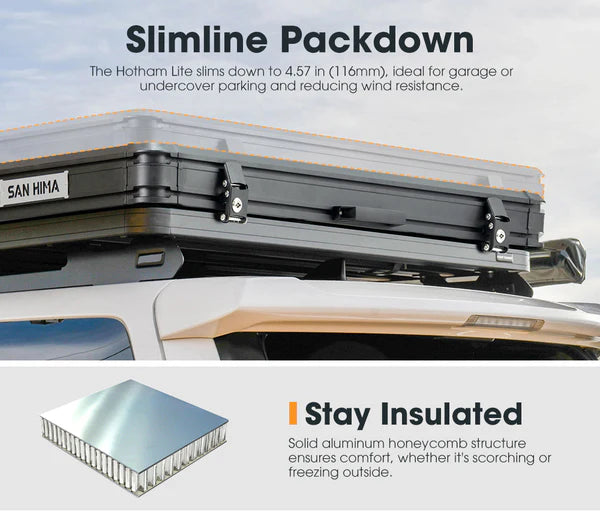 San Hima Hotham Lite Aluminum Roof Top Tent Hard shell Camping 4WD 4x4 Light and Thin Roof Tent