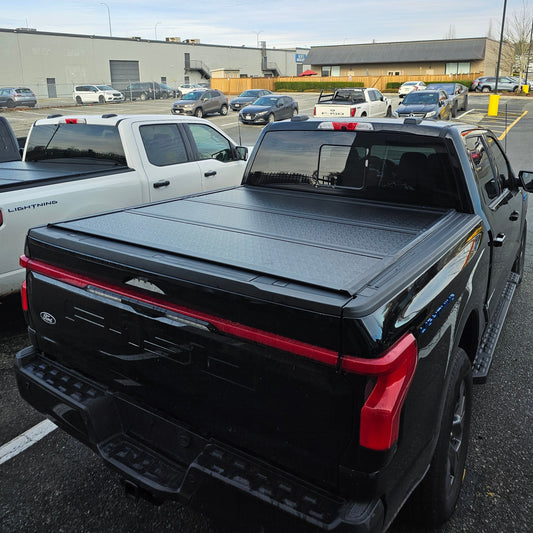 Aluminum Low Profile Hard Four-fold Tonneau truck bed Cover Matte Black Compatible with F150 RAM 1500 TACOMA Maverick