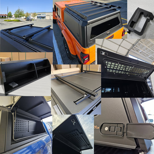 Light Cavalry Truck Canopy accessories, toolbox, crossbars, mounting clamps, tailgate safety plate, lock covers